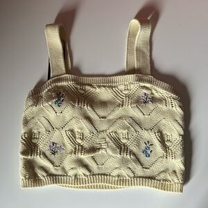 Cream Knit Crop Top with Floral Embroidery